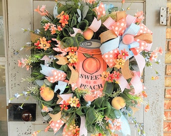 Summer Peach wreath, sweet as a peach wreath, southern welcome wreath, summer fruit wreath, pink wildflower wreath, polka dot summer wreath