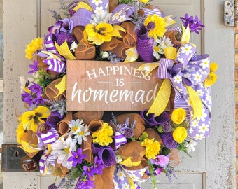 front door farmhouse Daisy Wreath-Happiness Is homemade wreath-purple summer floral wreath-yellow kitchen wreath-spring daisy front porch