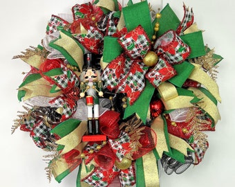 nutcracker Christmas wreath-black white check Christmas wreath-red poinsettia Christmas wreath- traditional nutcracker wreath-retro wreath