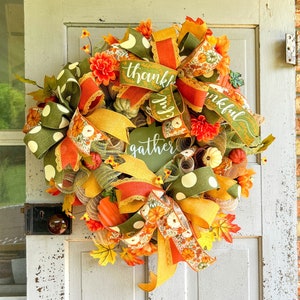 Thankful wreath-Thanksgiving gather wreath-green pumpkin door wreath-Autumn floral wreath-Autumn leaves wreath with florals-fall burlap swag