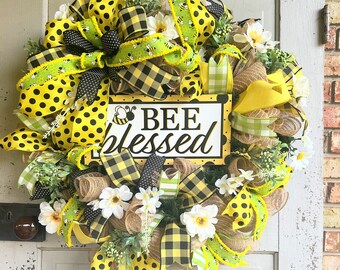 Summer Bee wreath for front door, Bumblebee Wreath, Daisy Bee Wreath, Bee blessed wreath, farmhouse bee wreath, bumble bee wreath