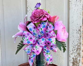 memorial vase, funeral vase, gravesite flowers, floral cemetery decoration, peony vase, lily grave flowers, pink cemetery decoration