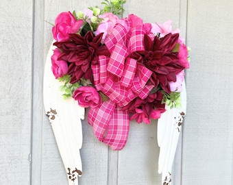 Angel Wing Door Hanger, Pink Floral Bow, Rustic Memorial Decor
