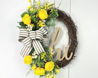 Yellow rose grapevine wreath, summer wildflower wreath, everyday hi wreath, rustic rose grapevine, yellow kitchen wreath, summer porch swag