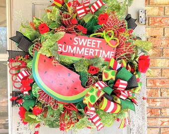 Large Summer Watermelon Welcome Wreath - Handcrafted Vibrant Décor for Front Door - Unique Fruit Theme - Perfect for Summer Parties & BBQs