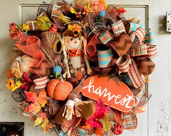 Fall scarecrow door wreath-autumn harvest door hanger-pumpkin scarecrow wreath-fall fireplace wreath-burlap harvest wreath-Thanksgiving swag