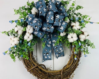 Farmhouse cotton wreath for front door,cotton grapevine wreath,blue everyday eucalyptus wreath,blue summer porch wreath,rustic cotton wreath