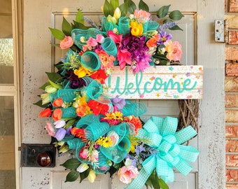 farmhouse welcome floral wreath, summer blue grapevine wreath, spring tulip wreath, baby blue floral wreath, colorful welcome wreath