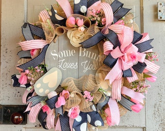 Easter Bunny Butt Wreath-Rabbit burlap wreath-bunny tail wreath-Some Bunny Loves You-pink tulip wreath-spring rabbit wreath-Easter swag