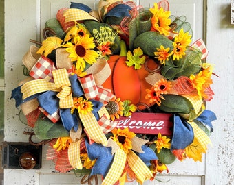 Fall sunflower welcome wreath, autumn harvest wreath, pumpkin mesh wreath, autumn leaves farmhouse pumpkin wreath, denim fall wreath