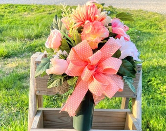 Peach Cemetery Vase - Roses & Carnations Memorial Arrangement - Sympathy Flowers - Grave Decoration - Remembrance Bouquet-funeral vase