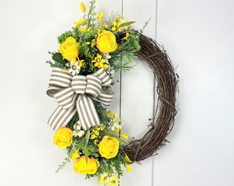 Yellow rose grapevine wreath, summer rose front door wreath, wildflower grapevine, summer rose kitchen wreath, rose wreath with burlap bow