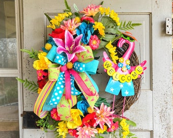 Summer pink Flamingo wreath-welcome tropical wreath-bright beach house wreath-pink tropical summer wreath-island wreath-tropical grapevine