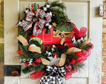 Red Christmas truck wreath for door-Christmas farmhouse mantle wreath-black white country Christmas wreath-rustic pine holiday wreath