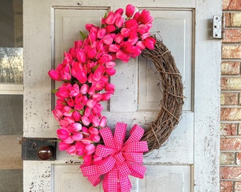 Pink Tulip Wreath for front door, Everyday Tulip Wreath, Spring Grapevine kitchen wreath, pink office Wreath, spring mantle wreath