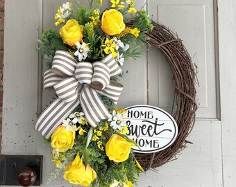 Home sweet home floral wreath-yellow rose wreath-rustic grapevine-summer rose front door wreath-eucalyptus porch wreath-wildflower hanger