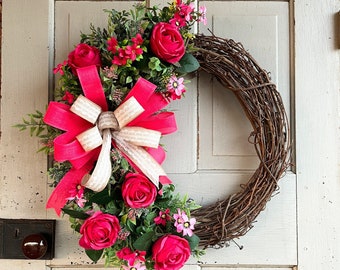 pink rose grapevine, rustic summer floral wreath, farmhouse burlap flower wreath, spring eucalyptus rose wreath, kitchen grapevine wreath