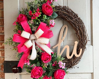 pink rose grapevine wreath, hi floral wreath, rose welcome wreath, hot pink wreath, summer floral porch wreath, eucalyptus mantle wreath