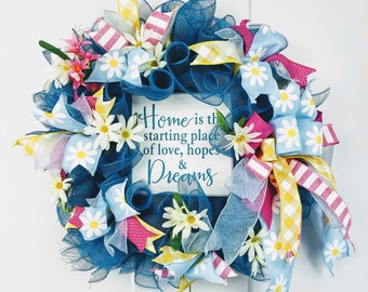 Daisy blue wreath, spring teal door wreath, welcome home mesh wreath, summer mantle wreath, home is love spring wreath, daisy kitchen wreath