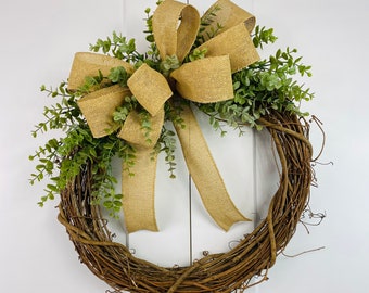 Rustic Grapevine Wreath | Burlap Bow & Greenery, Farmhouse Decor