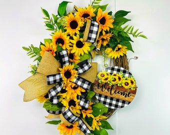Sunflower welcome wreath-sunflower grapevine decor-farmhouse black yellow wreath-sunflower check-elegant floral wreath- sunflower grapevine