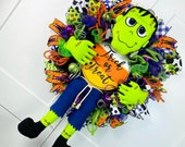 Frankie Monster Halloween trick or treat mesh wreath for front door, green monster front porch decor, Halloween patio decor, XL Halloween