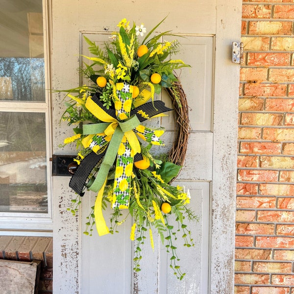 Summer lemon wreath for front door-yellow floral kitchen wreath-farmhouse fruit wreath-large lemon wreath-plaid with lemon-fruit grapevine