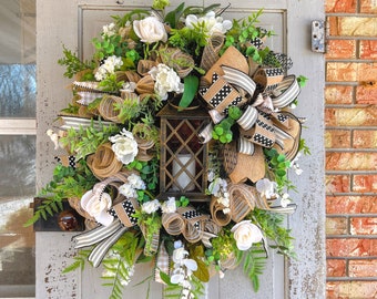 Farmhouse lantern wreath for front door, everyday wreath with lantern, country cottage white wreath, year-round floral burlap wreath
