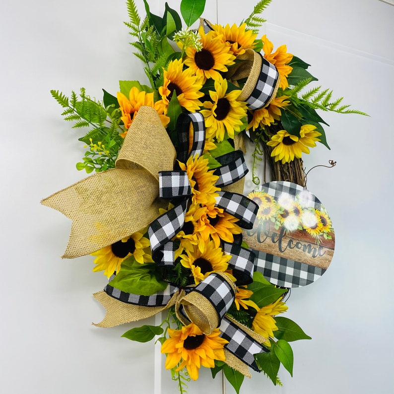 Sunflower welcome wreath-sunflower grapevine decor-farmhouse black yellow wreath-sunflower check-elegant floral wreath sunflower grapevine immagine 7