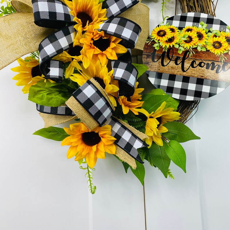 Sunflower welcome wreath-sunflower grapevine decor-farmhouse black yellow wreath-sunflower check-elegant floral wreath sunflower grapevine immagine 6