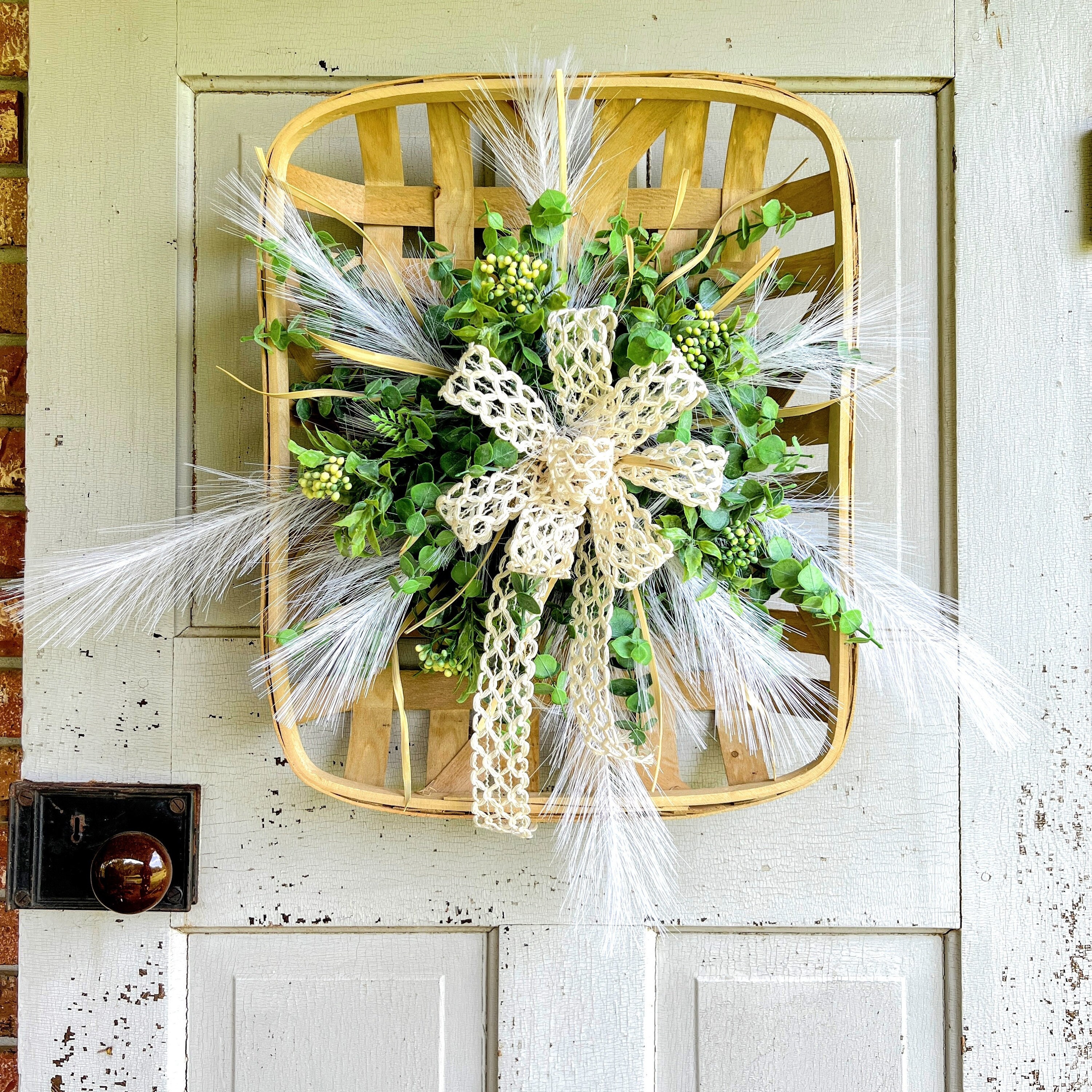 tobacco wreath Rustic Tobacco Basket Wreath – Eucalyptus, Pampas Grass, Cream Bow