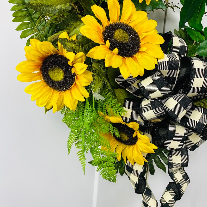 Sunflower buffalo plaid grapevine wreath black white Etsy