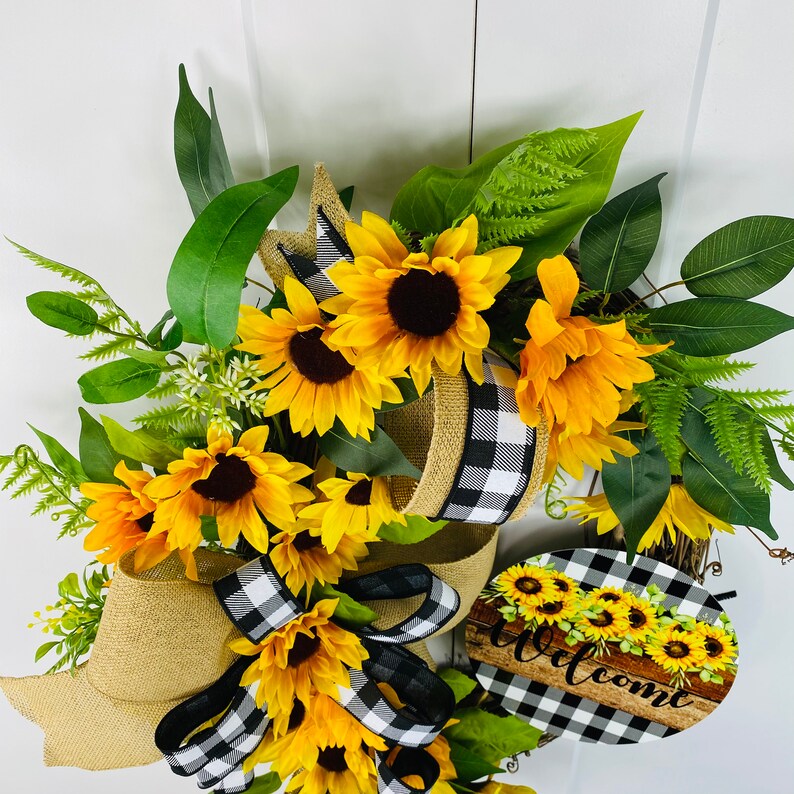 Sunflower welcome wreath-sunflower grapevine decor-farmhouse black yellow wreath-sunflower check-elegant floral wreath sunflower grapevine immagine 8