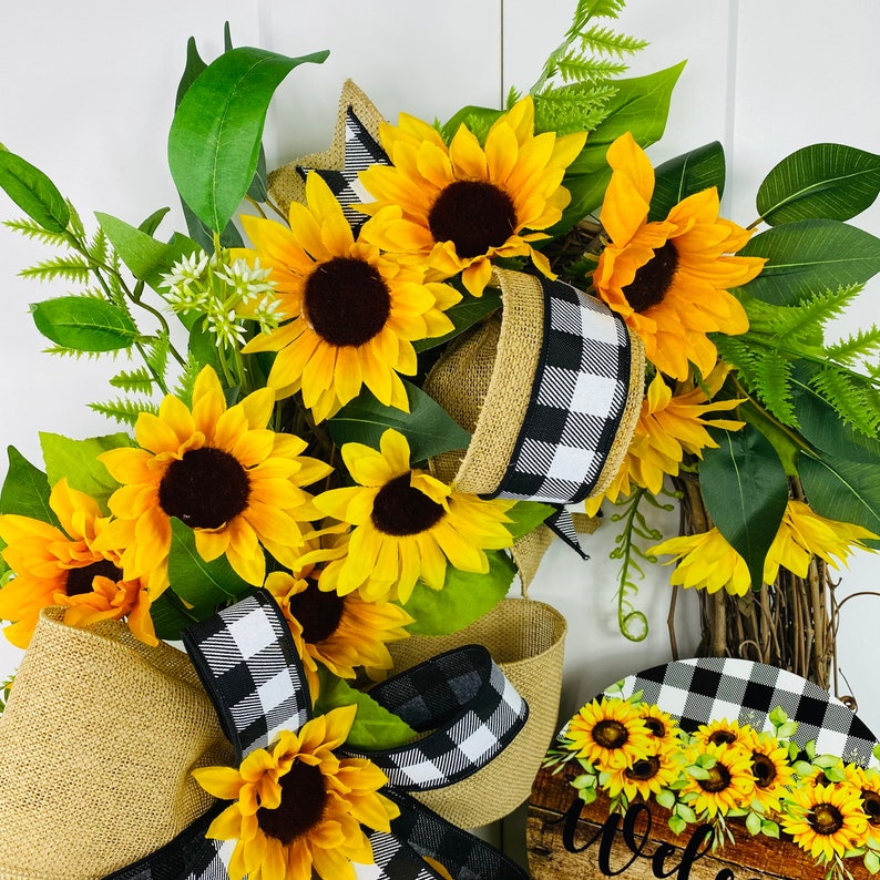 Sunflower welcome wreath-sunflower grapevine decor-farmhouse black yellow wreath-sunflower check-elegant floral wreath sunflower grapevine immagine 5