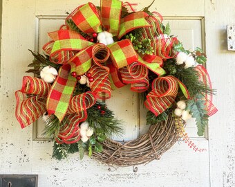 red lime green Christmas wreath, holly berry Christmas wreath,rustic Christmas grapevine,Cabin Christmas wreath,christmas wreath with cotton