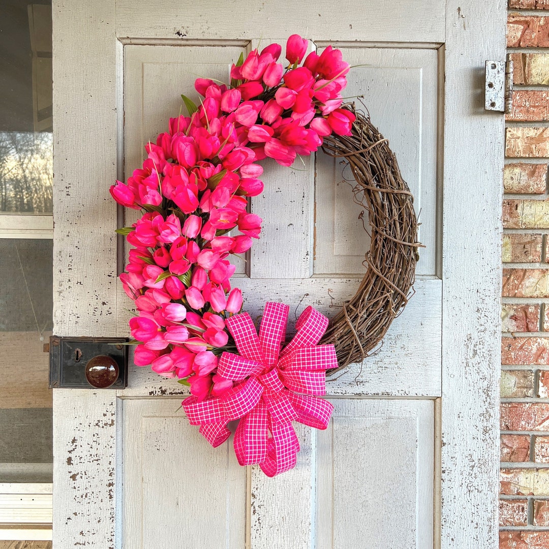 Hot Pink Tulip Grapevine Wreath With Gingham Bow, Bright Spring Door ...