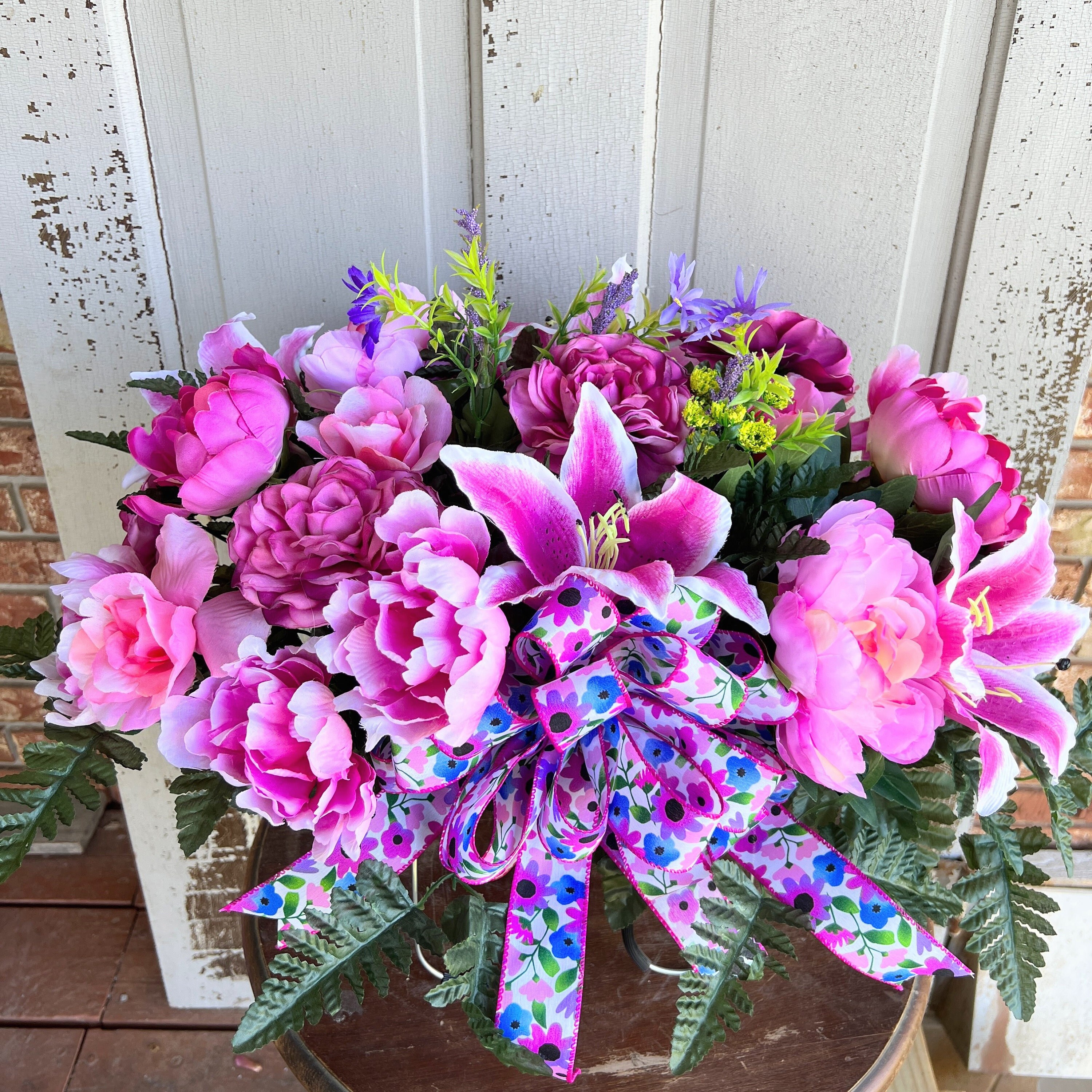 Purple Artificial Flowers for Cemetery with 2 Cone Vases, Small Bouquets  for Grave Decorations (8.6 x 13 Inches, 6 Bundles)