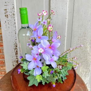 Wine Bottle Floral Arrangement, Purple Faux Flowers Gift, Hostess Gift, Spring Table Decor, Bottle Topper Centerpiece, Battery Candle Accent