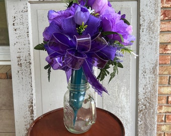 Handcrafted Purple Rose & Tulip Memorial Vase with Lavender-Lace Bow - Elegant Tribute for Remembrance-purple cemetery decoration-wildflower