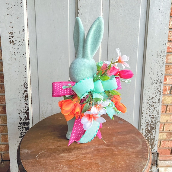 Teal Flocked Easter Bunny Centerpiece, Spring Floral Decor