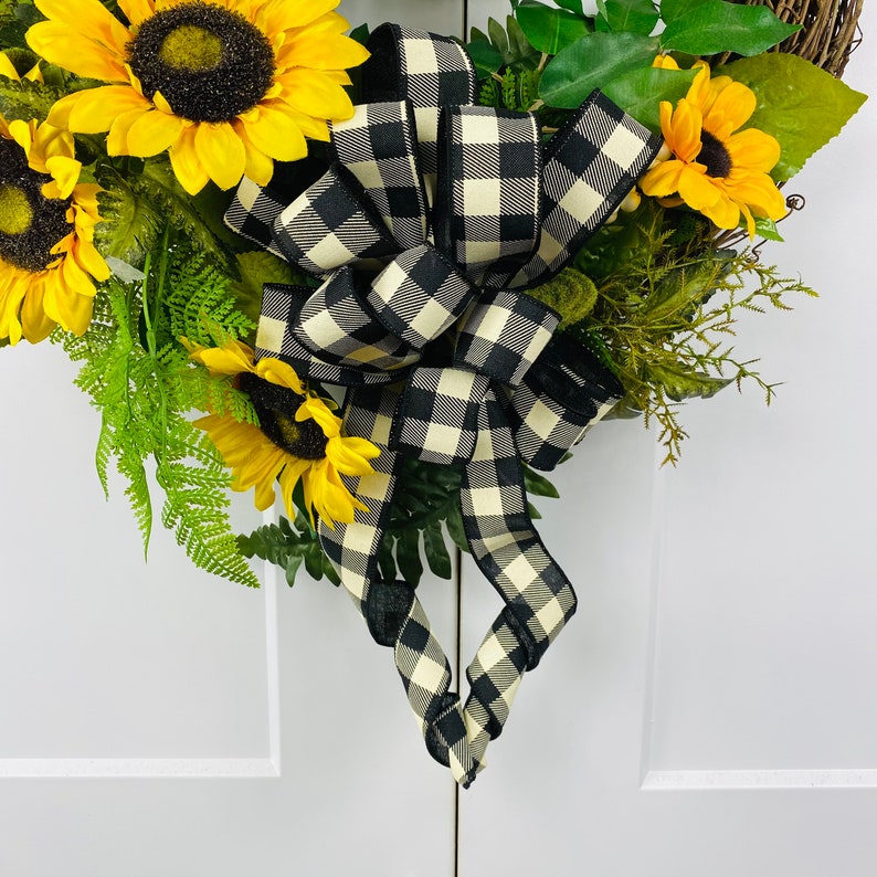 Sunflower buffalo plaid grapevine wreath black white Etsy