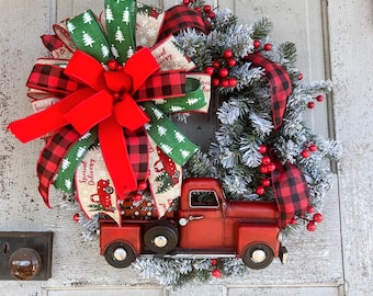 Red Truck Christmas Wreath: Flocked Pine, Buffalo Plaid Bow