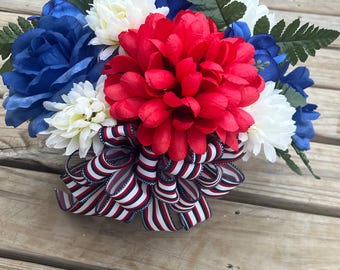 Patriotic Cemetery Flower Arrangement | Red White Blue Memorial Bouquet ...