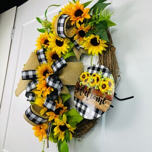 Sunflower welcome wreath-sunflower grapevine decor-farmhouse black yellow wreath-sunflower check-elegant floral wreath sunflower grapevine immagine 4