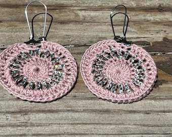 Boho  pink lace earrings embellished with rhinestones