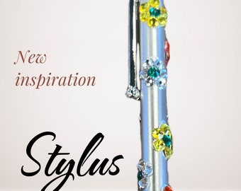 Jeweled stylus in silver with flower embellishments