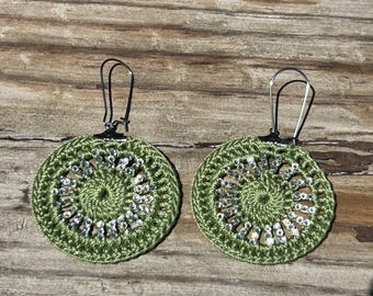 Boho  lace earrings embellished with rhinestones in light green
