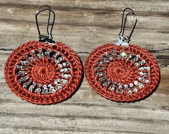 Boho  burnt orange lace earrings embellished with rhinestones