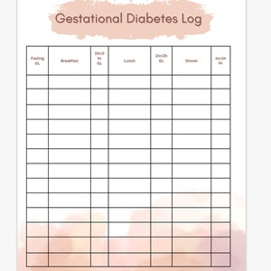 May include: A printable gestational diabetes log with a pink watercolor background. The log has columns for fasting blood glucose, breakfast blood glucose, 1 hour post-meal blood glucose, lunch blood glucose, 1 hour post-meal blood glucose, dinner blood glucose, and 2 hour post-meal blood glucose.