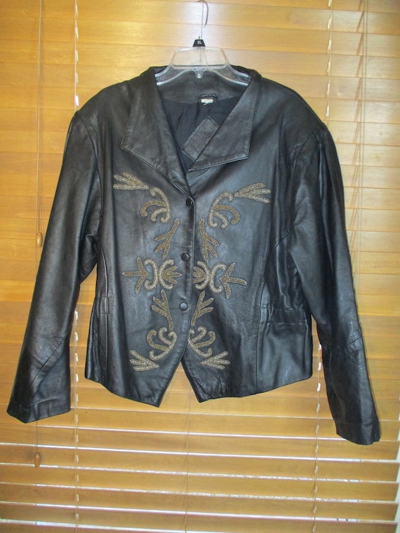 Genuine Leather Gold Beaded Jacket-Women size XL